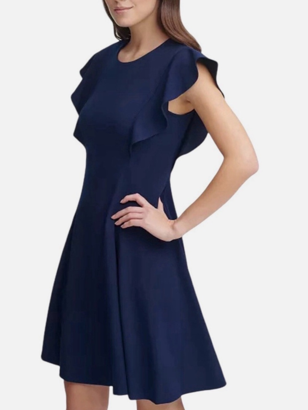 DKNY Women's Navy Ruffle Sleeve Dress